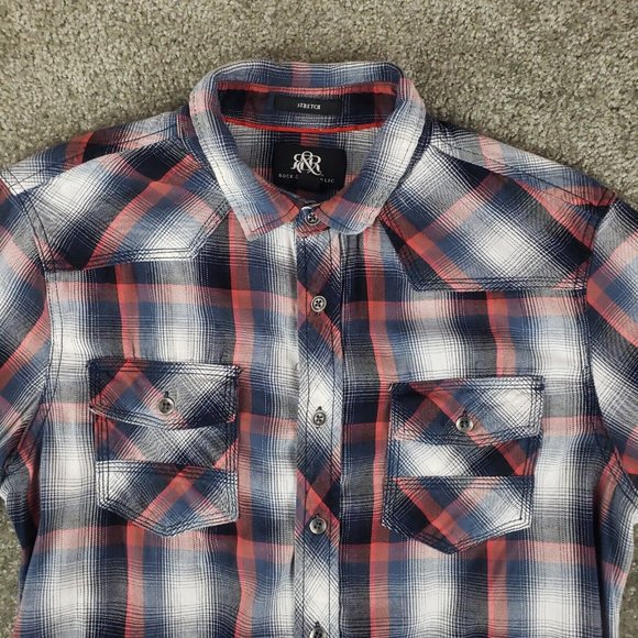 Rock & Republic Shirt Medium M Mens Red Blue Plaid Long Sleeve Collared Button - Picture 2 of 8